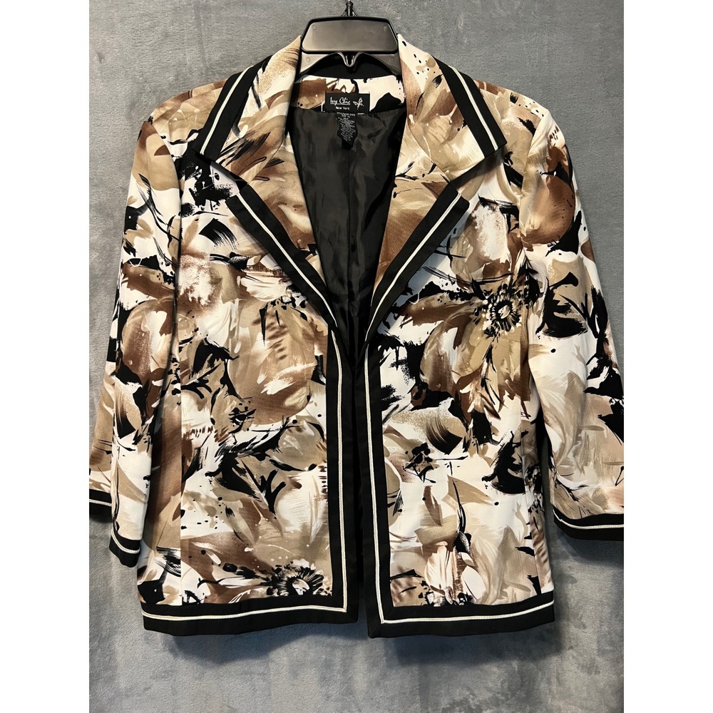 Ivy Chic New York Floral Abstract Open Front Blazer Jacket XL Stretch Lined Tan